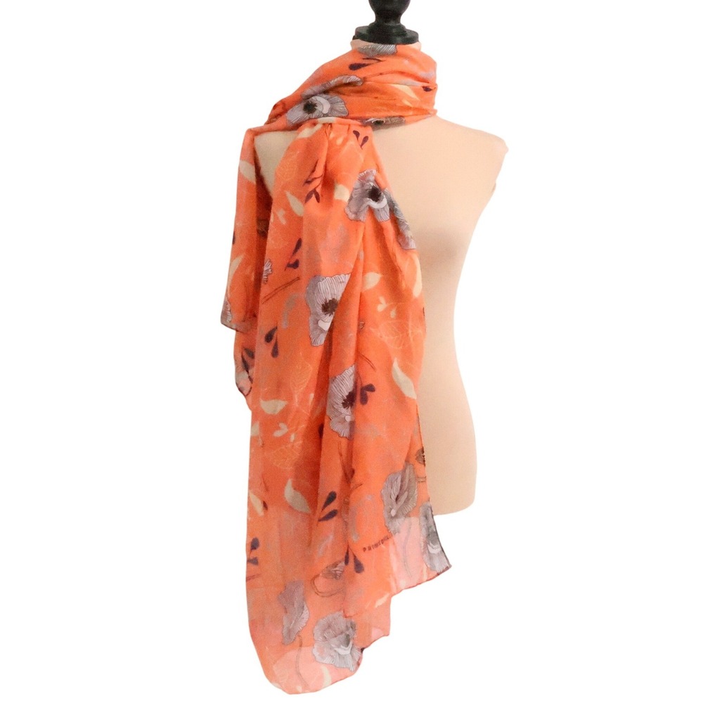 Printed Village Orange Floral Scarf Wrap Shawl‎ Boho Sheer Lightweight 74x38